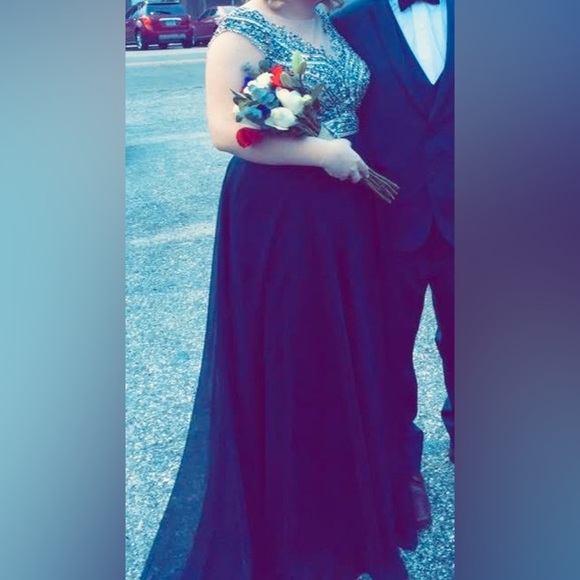 Blue Sequin Beaded Formal Prom Pageant Gown - Picture 2 of 6